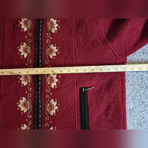 Vintage Icelandic Design Deep Red Boiled Wool Sweater Jacket Embroidered Large - Picture 6 of 10